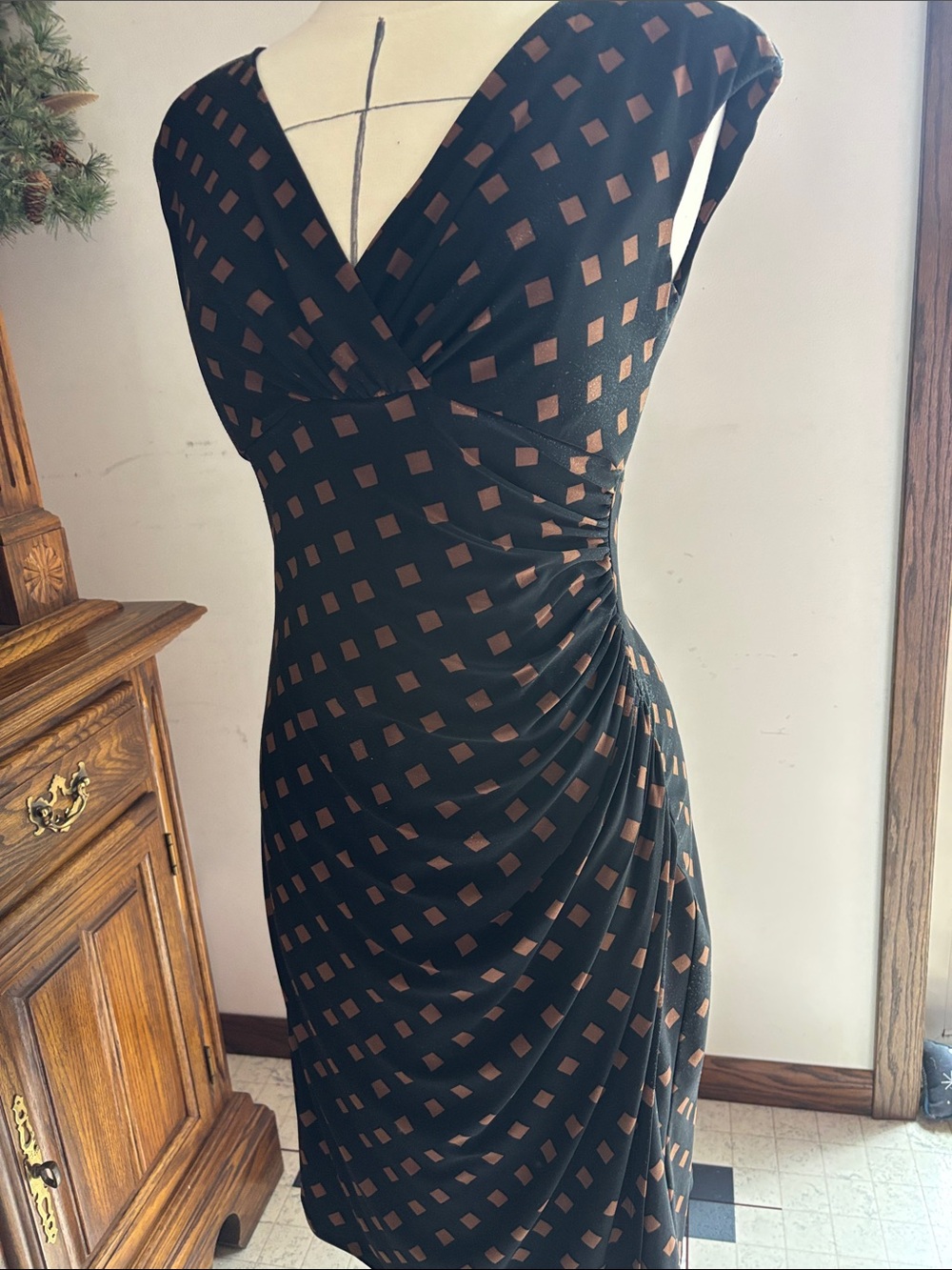 Black and Brown Geometric V-Neck Midi Dress